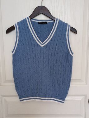 Brandy Melville Light Blue Cable Knit V-Neck Sweater Vest with White Trim